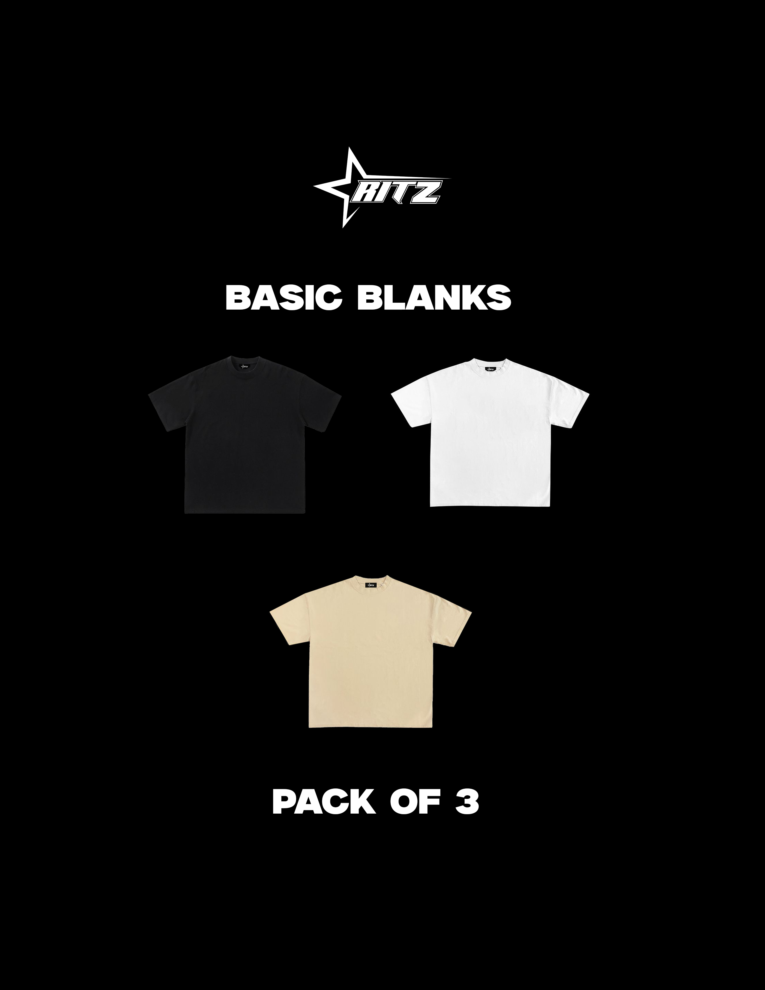 PACK OF THREE BASIC BLANK TEES BLACK+WHITE+BEIGE